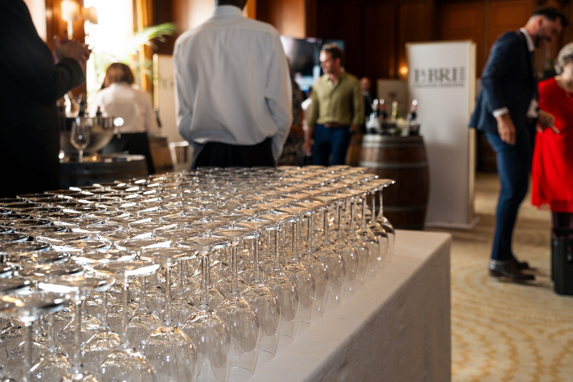 Rows of wine glasses at the reception